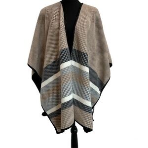 NICOLE Miller brown gray white striped poncho shawl cape